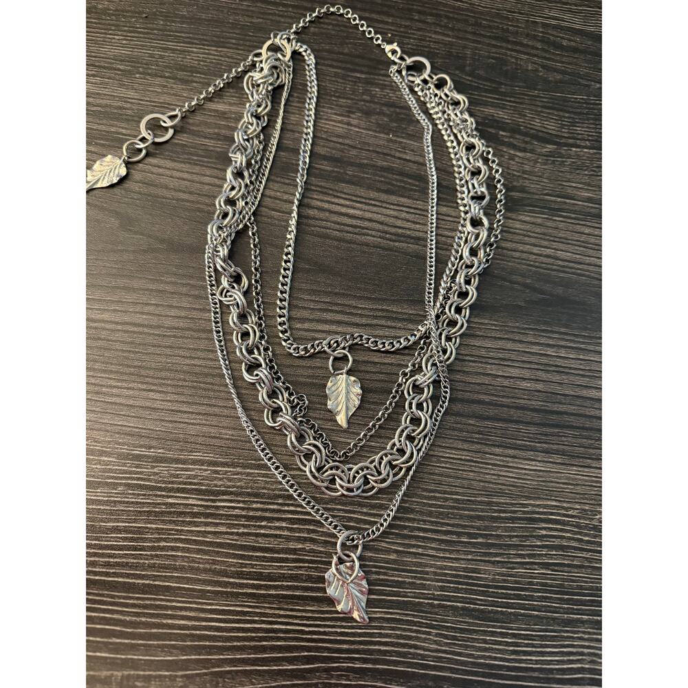 Silver-Tone Multi-Layer Chain Links & Textured Le… - image 1